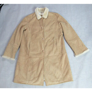 Talbots Coat Womens XL Tan Faux Suede Faux Shearling Lined Button Up Overcoat